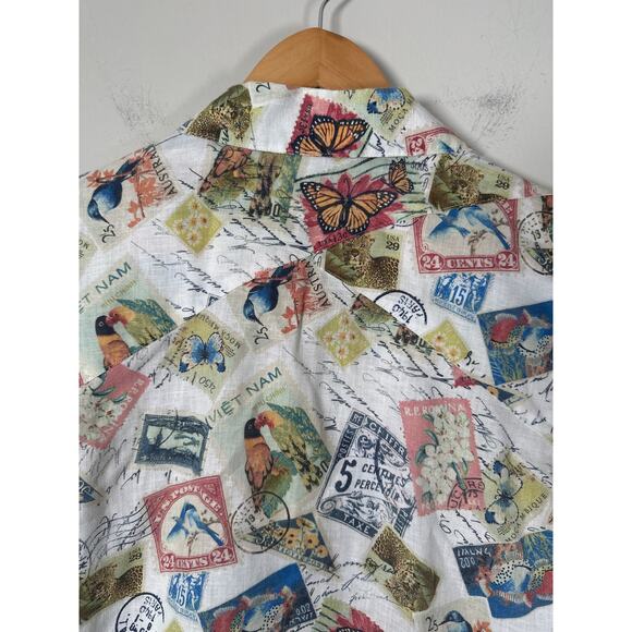 Chicos Women's Linen Postage Stamp 3/4 Sleeve Button-up Top Sz L (2) Travel - Picture 6 of 10